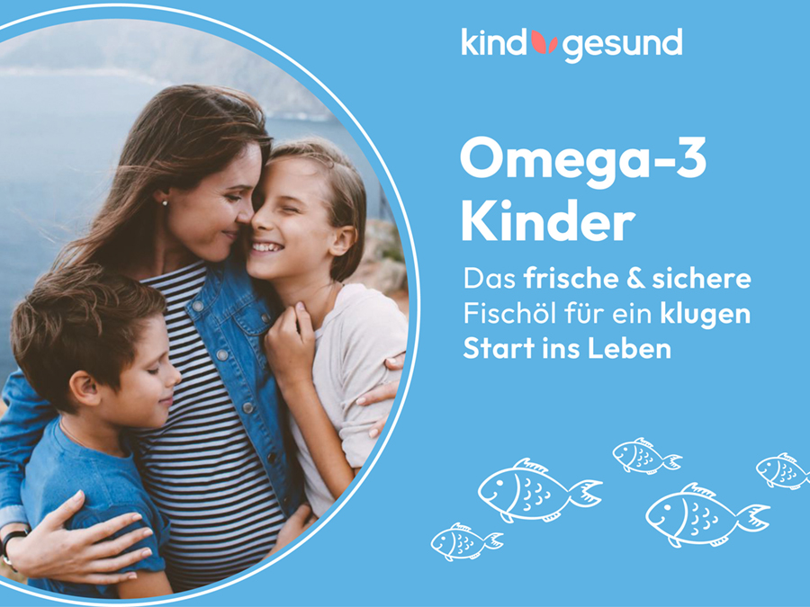 Box mit White Omega Kids Omega-3. Text: Für die gesunde Entwicklung während der Kita- und Schulzeit. Icons.